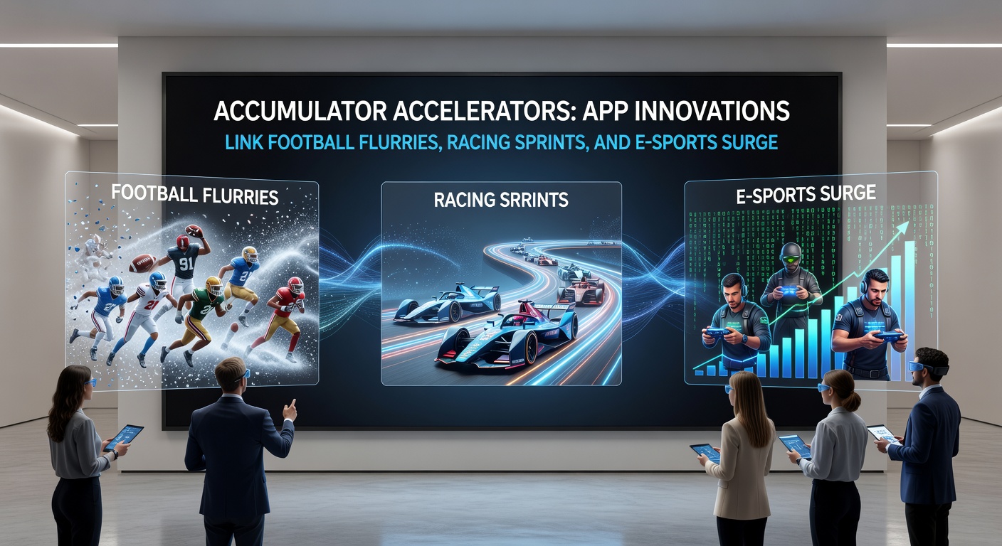 Dynamic screenshot of an accumulator accelerator dashboard displaying live football goals, sprint race finishes, e-sports leaderboards, and casino spin outcomes intertwined