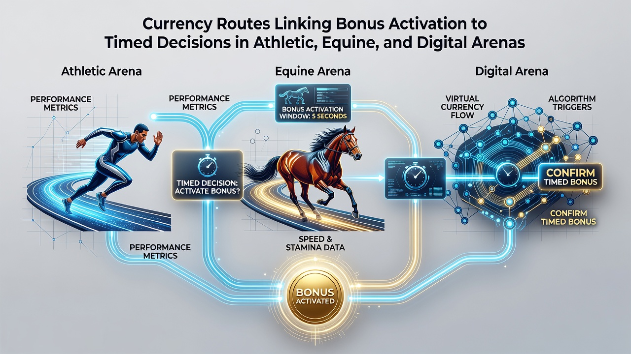 Diagram illustrating how bonus credits flow through payment channels into timed betting decisions in football, horse racing, and esports environments
