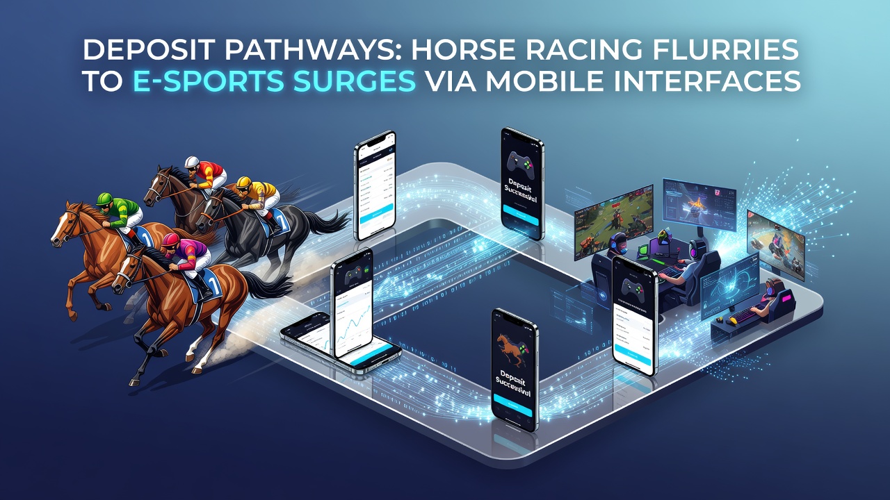 User journey illustration of funds moving from horse racing deposit to e-sports wager on a smartphone screen