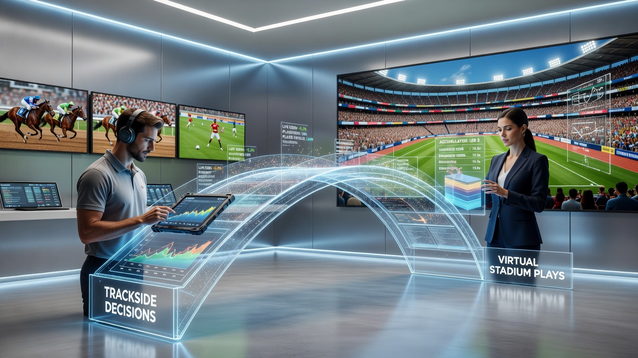 Mobile screen displaying accumulator builder with horse racing and virtual stadium selections plus instant transaction confirmation status