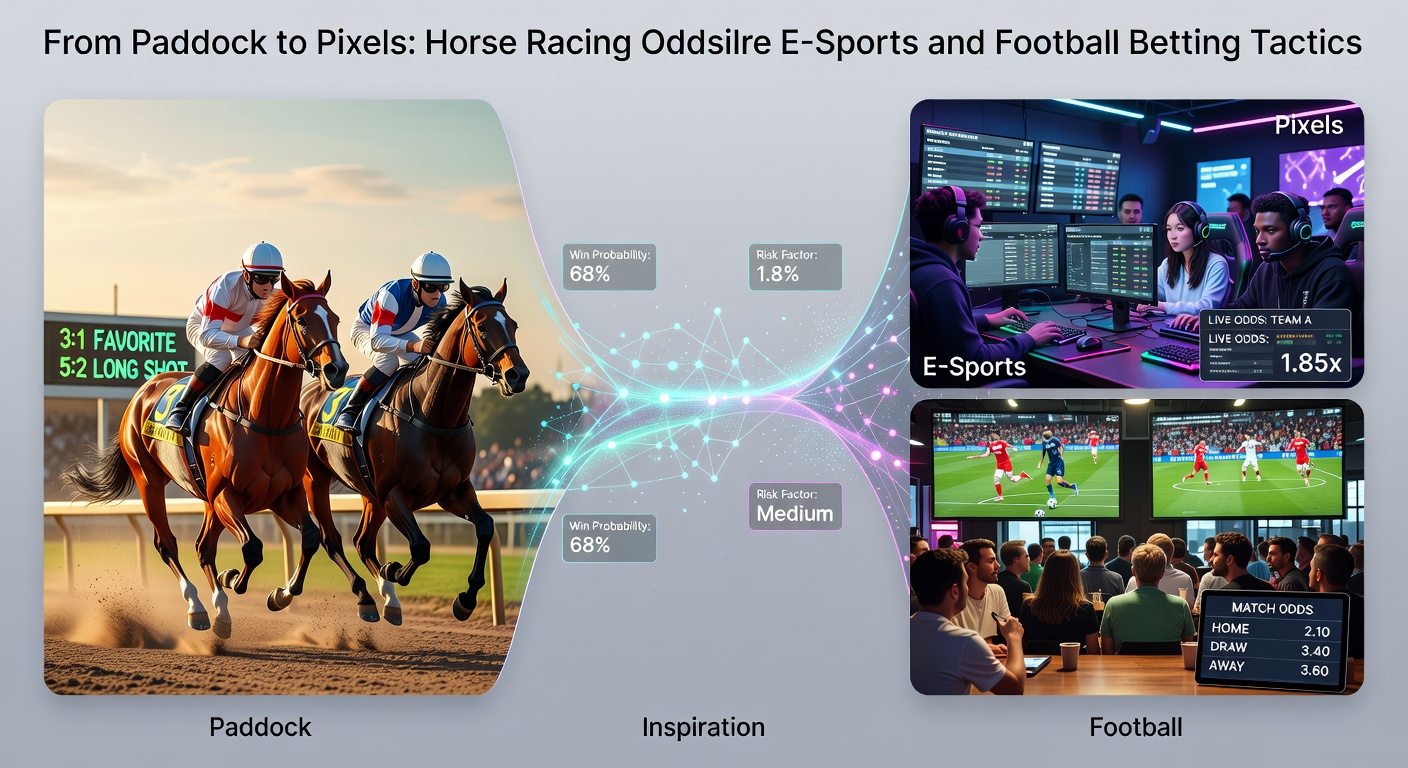 Football pitch overlaid with horse racing odds charts and e-sports HUD elements