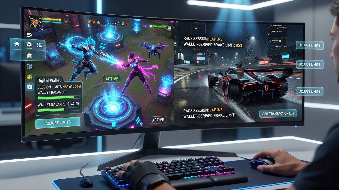 Racing circuit interface showing wallet-linked session limits during live event