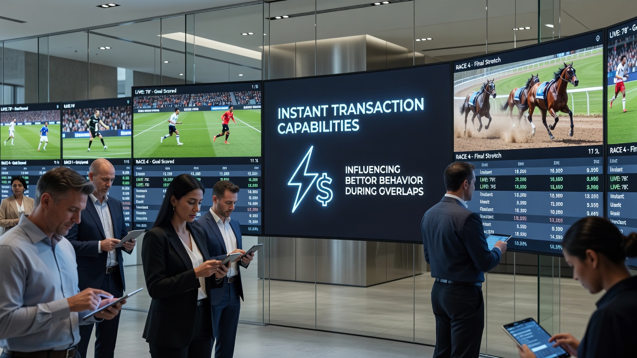 Mobile interface showing simultaneous bets placed on football, horse racing, and esports with instant transaction confirmations