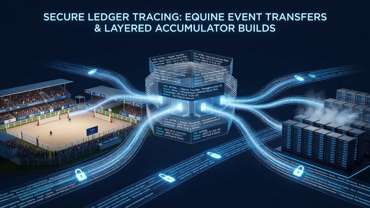 Layered accumulator diagram illustrating secure transfer paths between equine competitions and digital league events