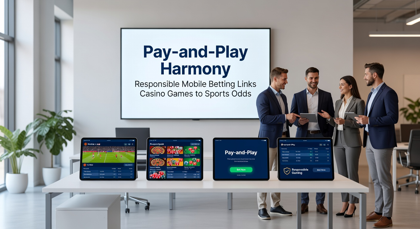 Dashboard view of a mobile betting app showing integrated responsible gambling features, pay n play deposit, casino games, and sports odds side by side