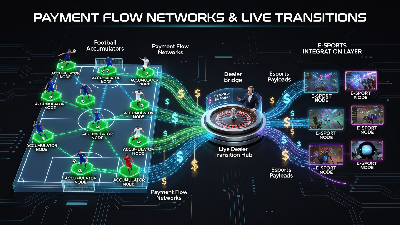 Flowchart illustrating real-time payment connections between e-sports timing systems, football accumulators, and live dealer casino sessions
