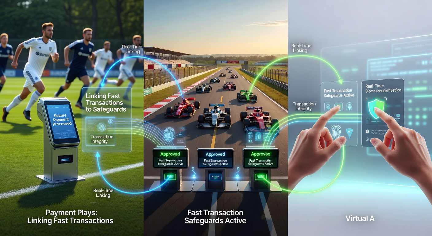 Dynamic split-image showing a soccer ball in motion on a field, a horse crossing the finish line at a racetrack under lights, and e-sports competitors at glowing keyboards with holographic payment streams and lock icons symbolizing secure, rapid financial exchanges