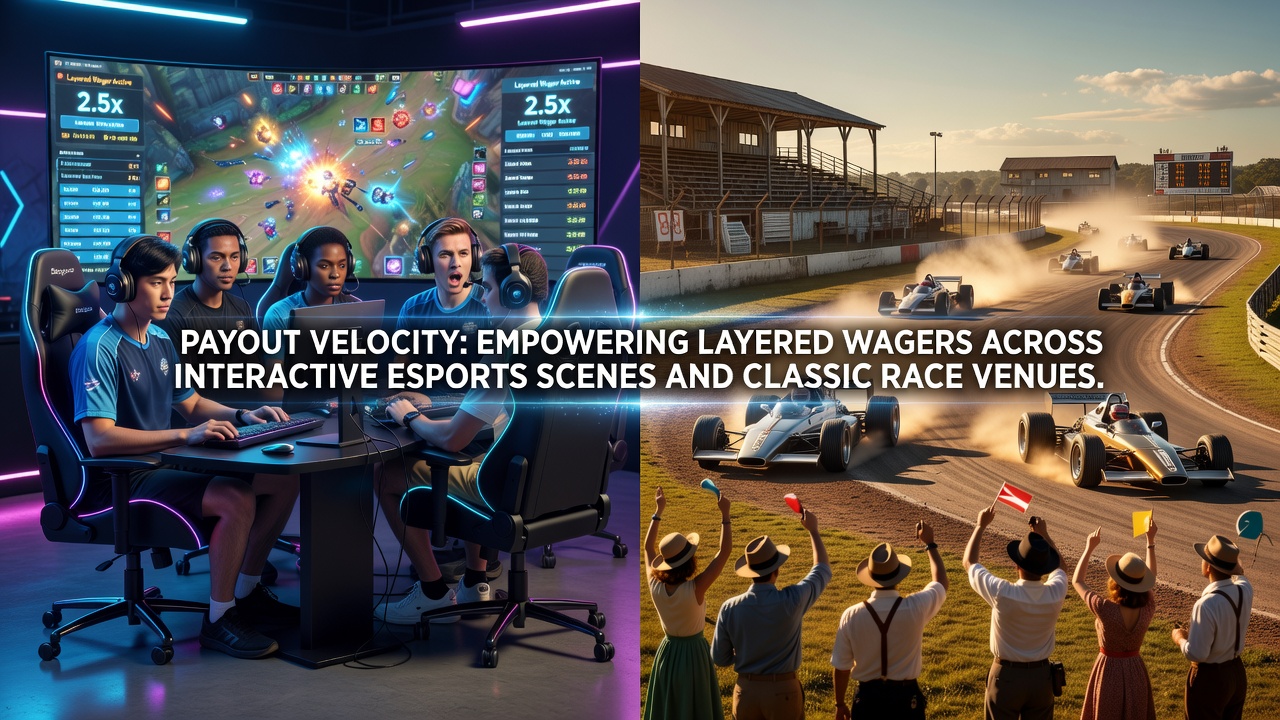 Horse racing track with mobile betting screens displaying layered accumulator builds and instant payout notifications