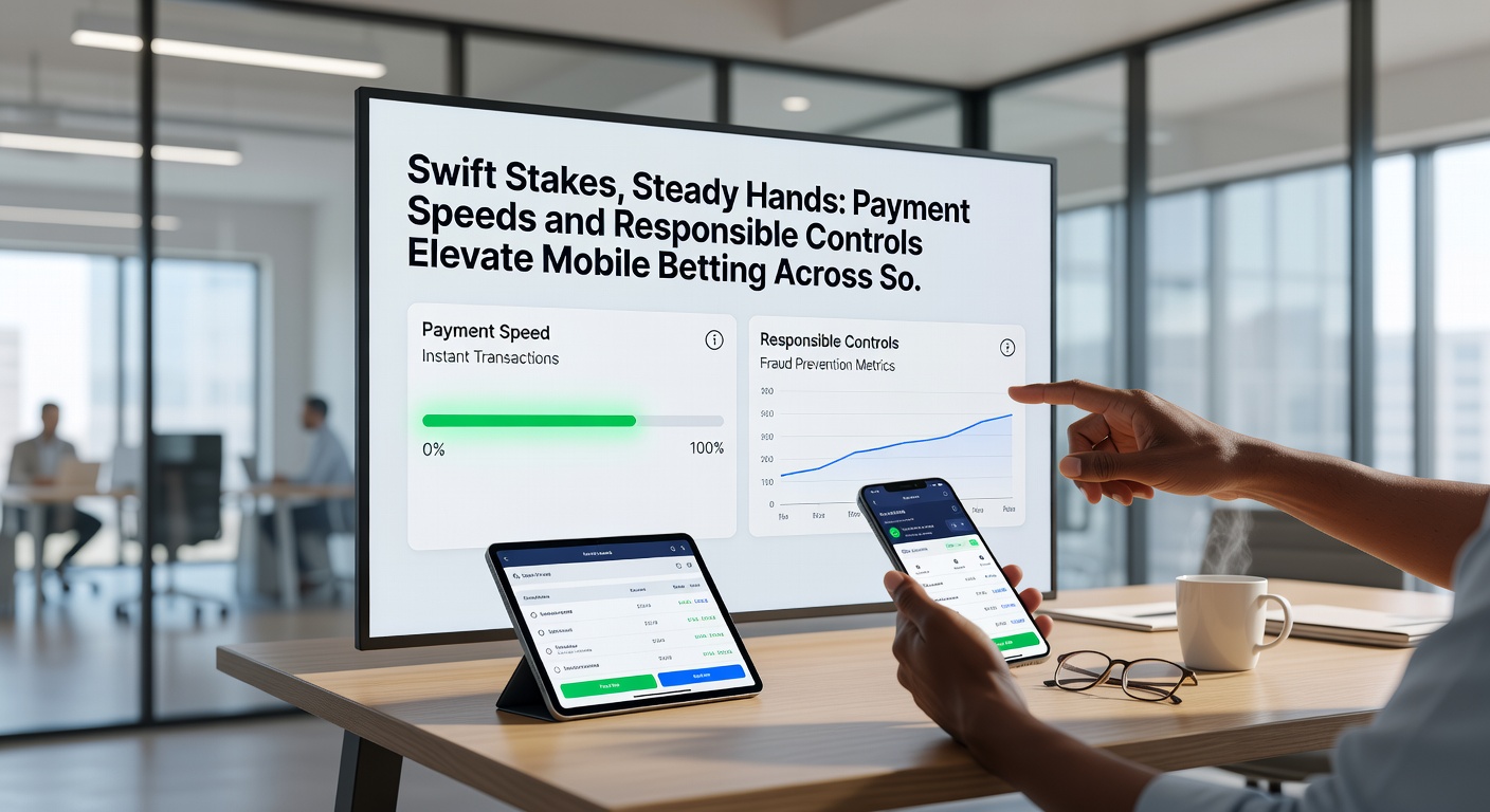 Horse racing track scene on a mobile screen with overlaid payment speed metrics and responsible control toggles, illustrating quick stakes during a live race alongside live dealer blackjack table interface.