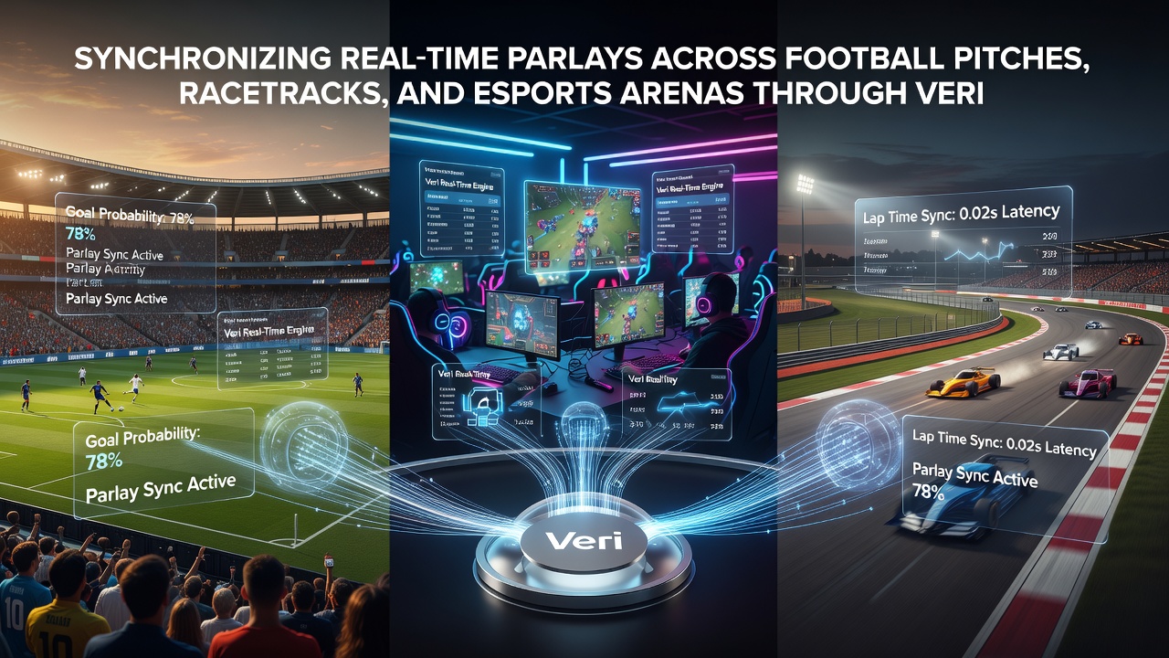 Diagram showing real-time data synchronization between racetrack results, football scores, and esports matches via verified layers