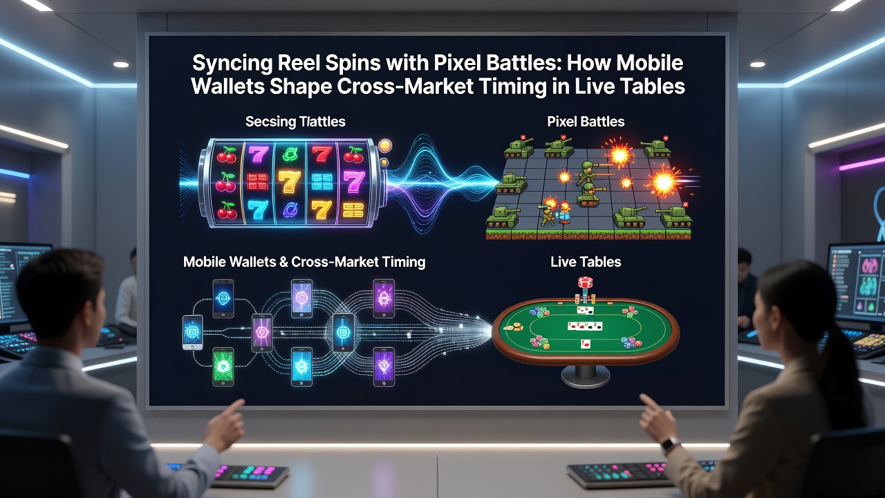 Split screen showing synchronized timing between slot reels and e-sports pixel battles on a mobile device