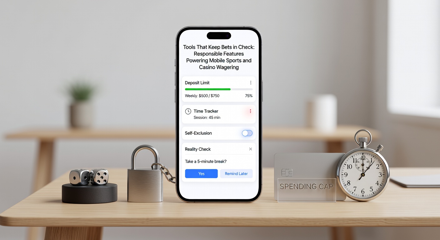 Illustration of a smartphone screen with a pop-up reality check timer and self-exclusion options during a live sports bet