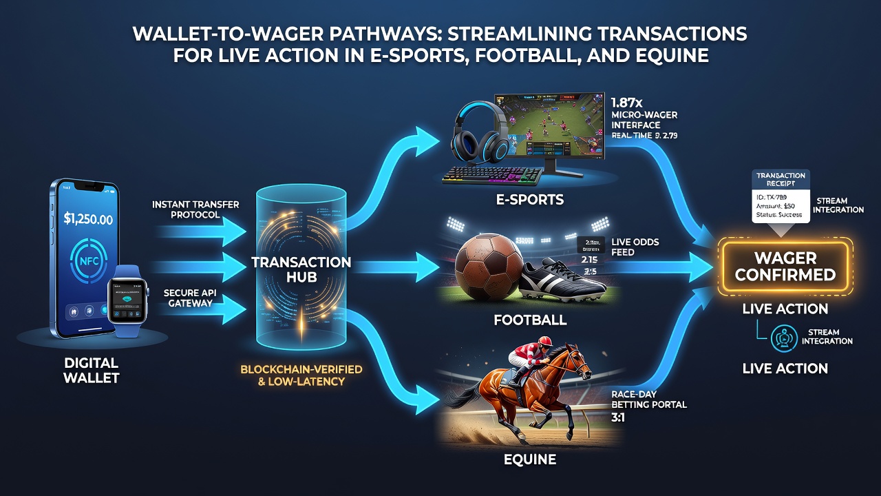 Mobile app screens showing instant transfers between wallets and horse racing betting interfaces